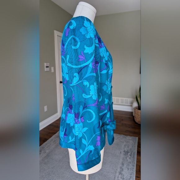 Vintage Adrianna Papell 100% Silk Teal Purple Floral Blouse Jacket Size 12 - Picture 2 of 16
